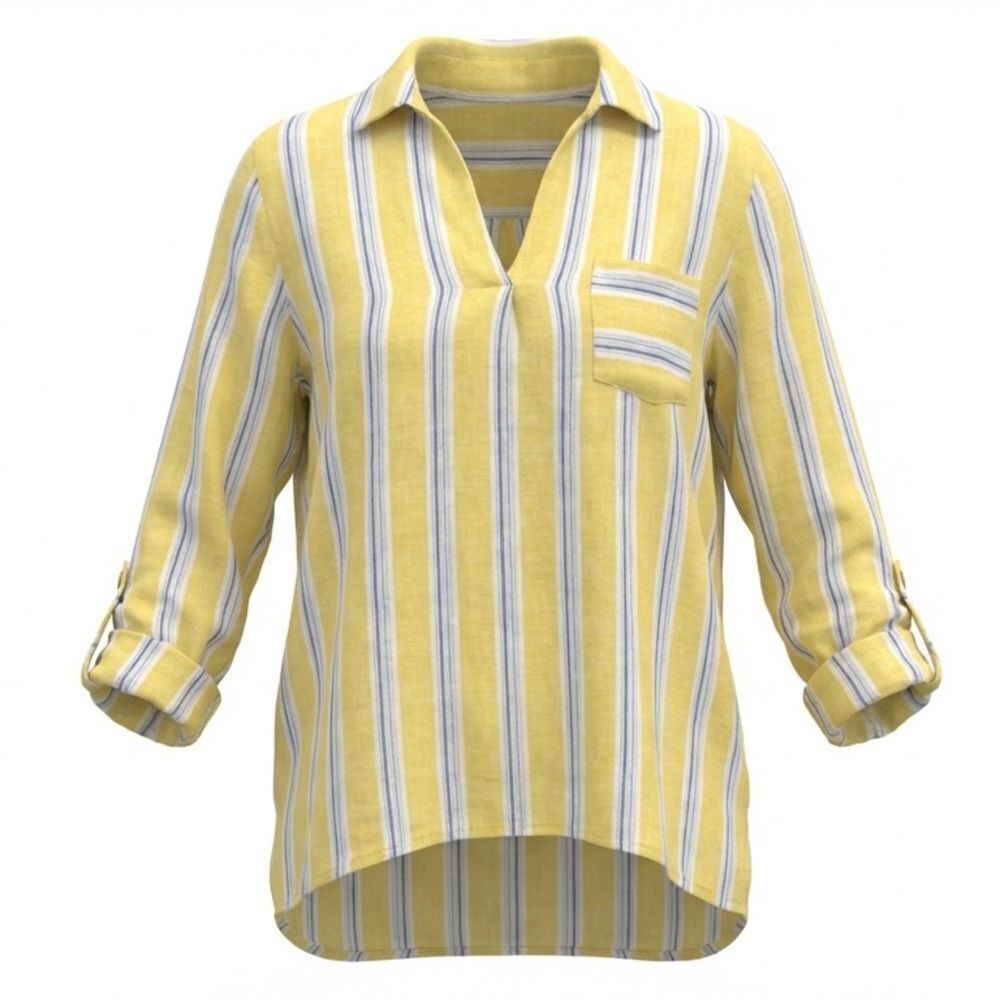 J JILL WOMENS LINEN BLOUSE YELLOW WITH BLUE WHITE STRIPES SIZE L
